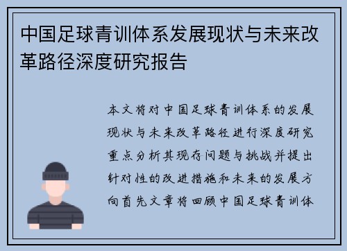 中国足球青训体系发展现状与未来改革路径深度研究报告 中国足球青训体系发展现状与未来改革路径深度研究报告